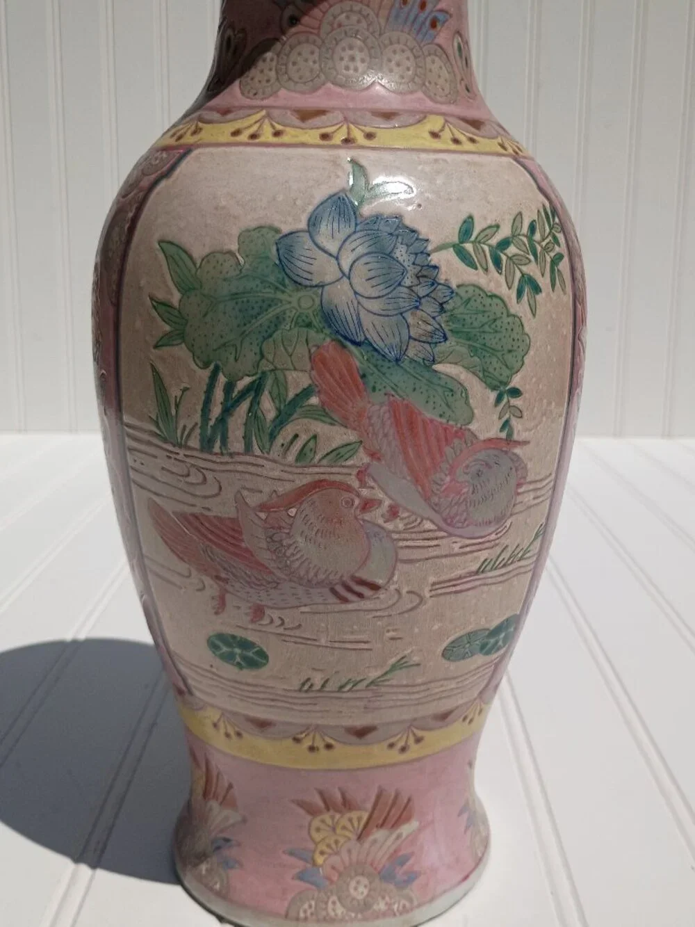 Vintage Pink Porcelain Vase Famille Rose Mandarin Ducks Lotus Flowers Chinese
